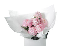 Close up image of the pink disbud bouquet. Pink Big Mom Disbud Gift Bouquet displaying 10 stems of pink Disbuds (no additional foliage) flower only. Gift Bouquet presented in Kate Hill Flower Bag. Bouquet bag sitting on a black bentwood chair.