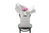 5 Stems of seasonal pink peony roses gift wrapped beautifully in signature white wrapping. Bouquet presented in Kate Hill Flower Bag. Bouquet bag sitting on a black bentwood chair.